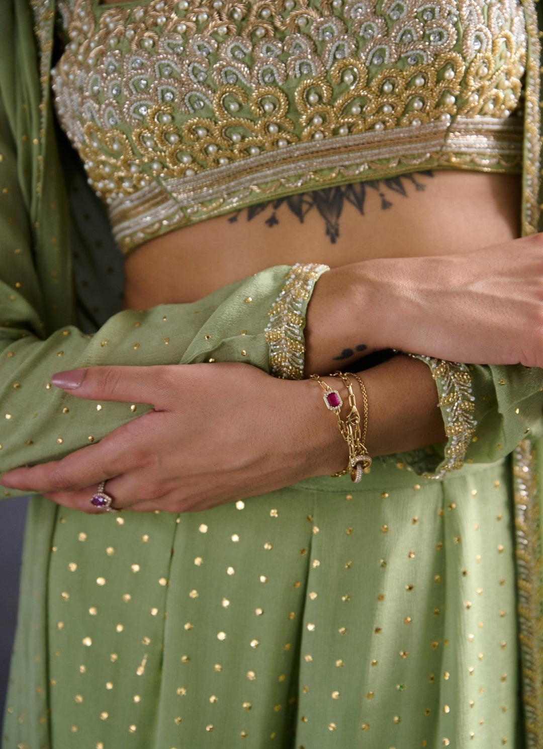Muted Green Tiered Sharara set Chamee and Palak - Fabilicious Fashion