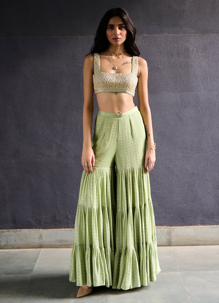 Muted Green Tiered Sharara set Chamee and Palak - Fabilicious Fashion