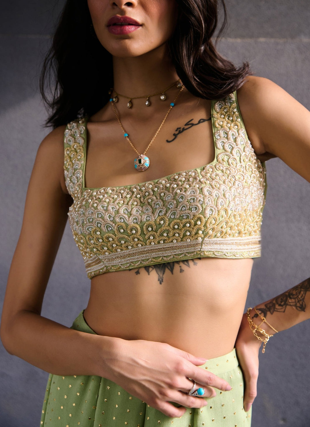 Muted Green Tiered Sharara set Chamee and Palak - Fabilicious Fashion