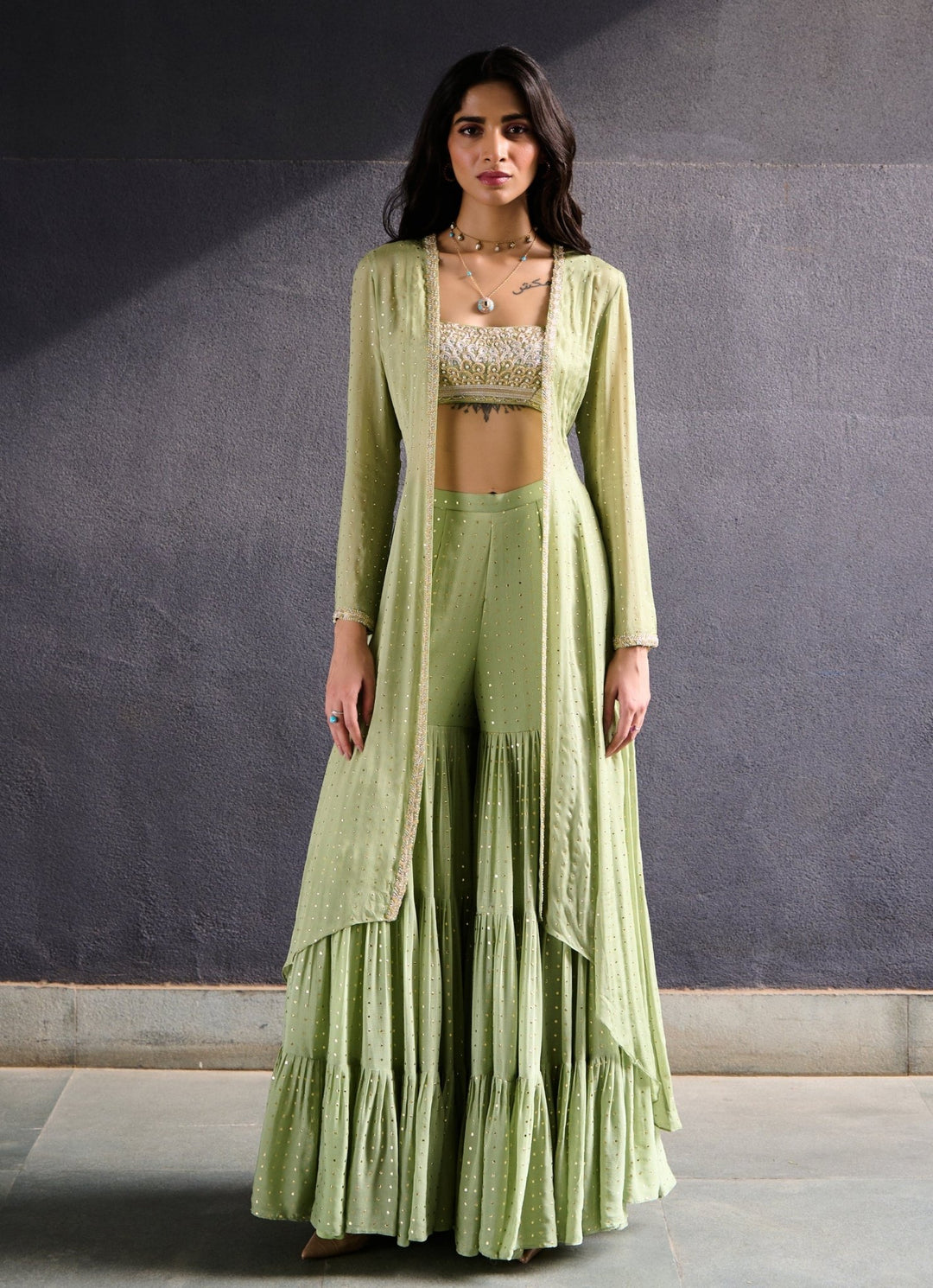 Muted Green Tiered Sharara set Chamee and Palak - Fabilicious Fashion