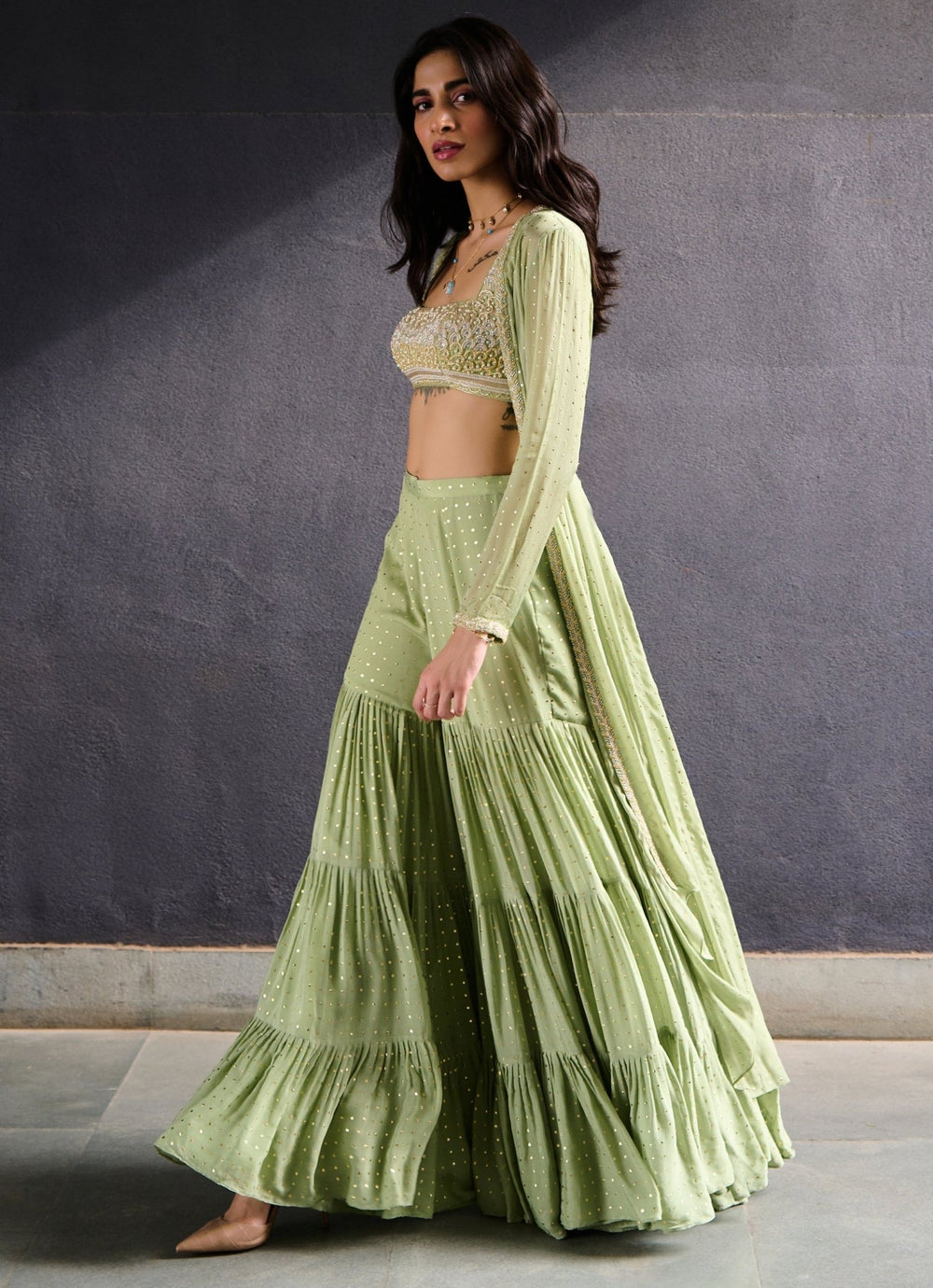 Muted Green Tiered Sharara set Chamee and Palak - Fabilicious Fashion