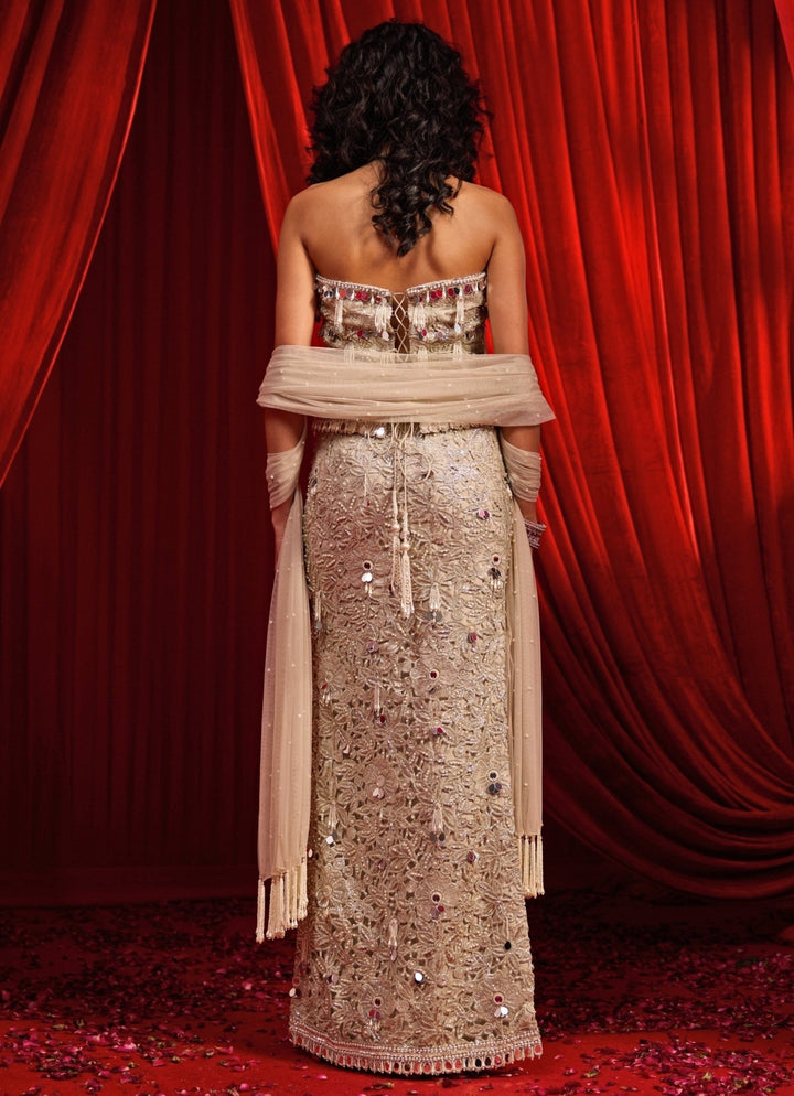 Nidhika Shekhar Muted Grey Crepe Slit Lehenga With CorsetFabilicious Fashion