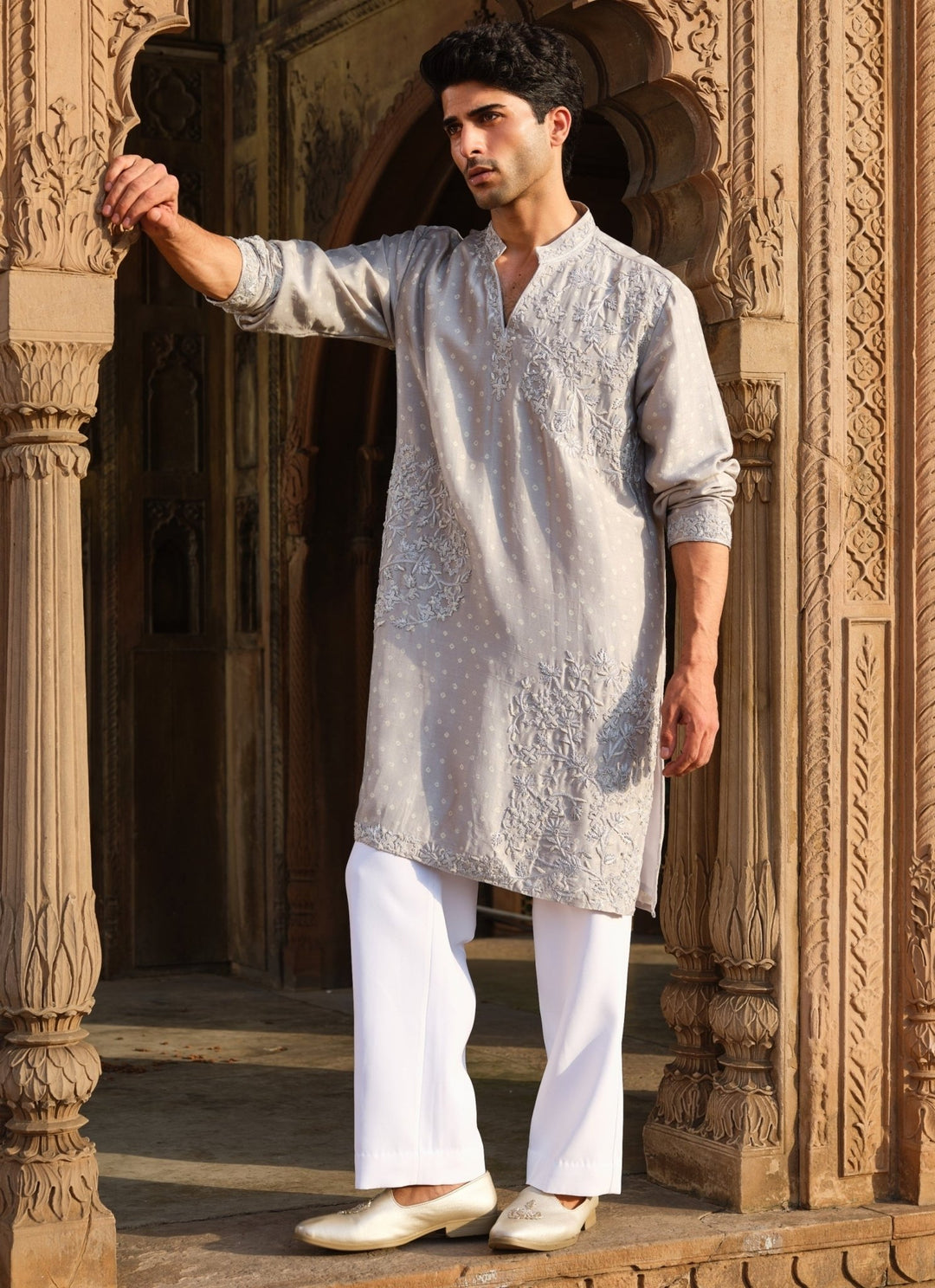 Darzi House Muted Grey Dupion Silk Kurta Pants SetFabilicious Fashion