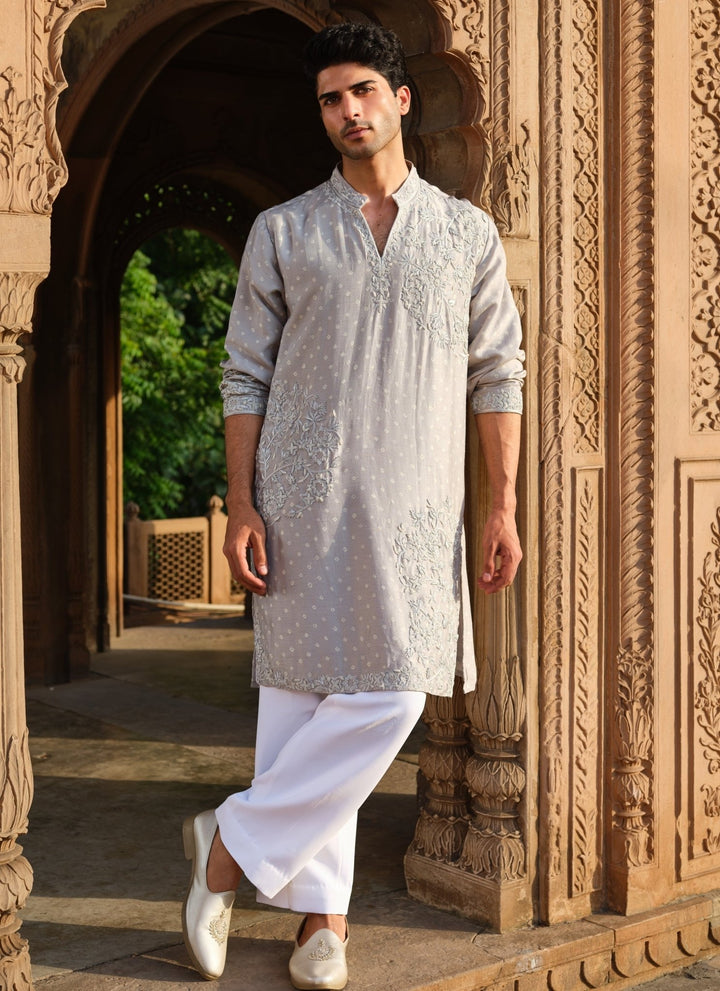 Darzi House Muted Grey Dupion Silk Kurta Pants SetFabilicious Fashion