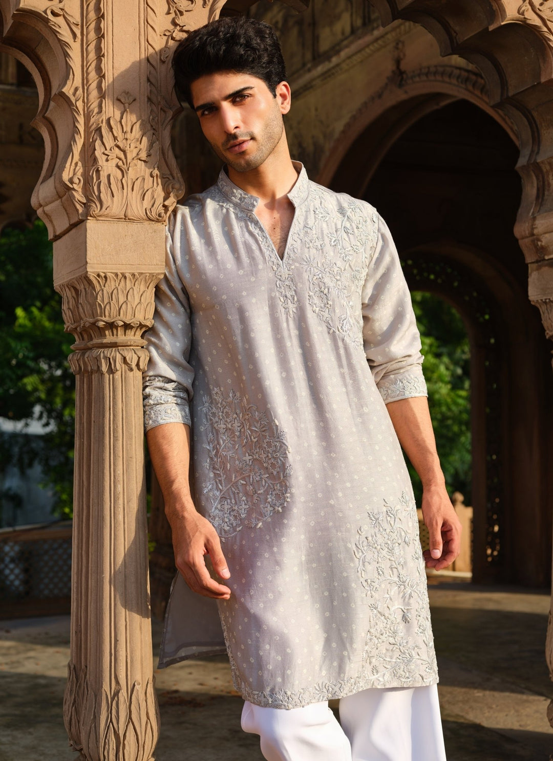 Darzi House Muted Grey Dupion Silk Kurta Pants SetFabilicious Fashion