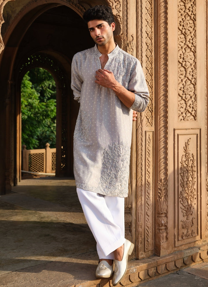 Darzi House Muted Grey Dupion Silk Kurta Pants SetFabilicious Fashion