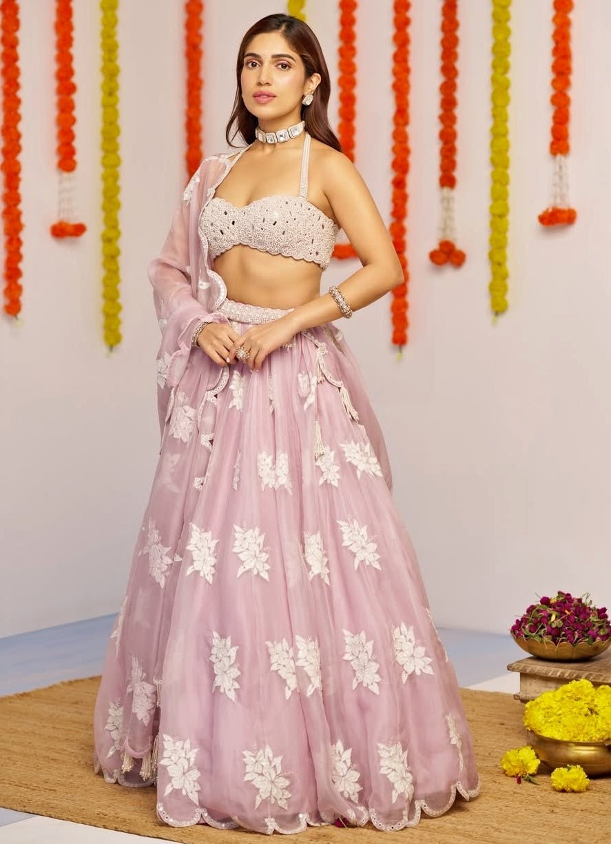 Muted Lilac Applique Lehenga With Pearl Blouse Vvani by Vani Vats - Fabilicious Fashion