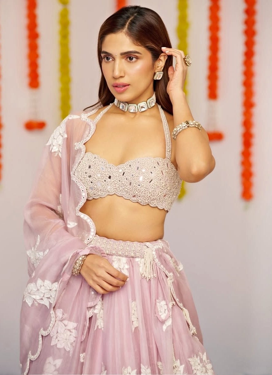 Muted Lilac Applique Lehenga With Pearl Blouse Vvani by Vani Vats - Fabilicious Fashion