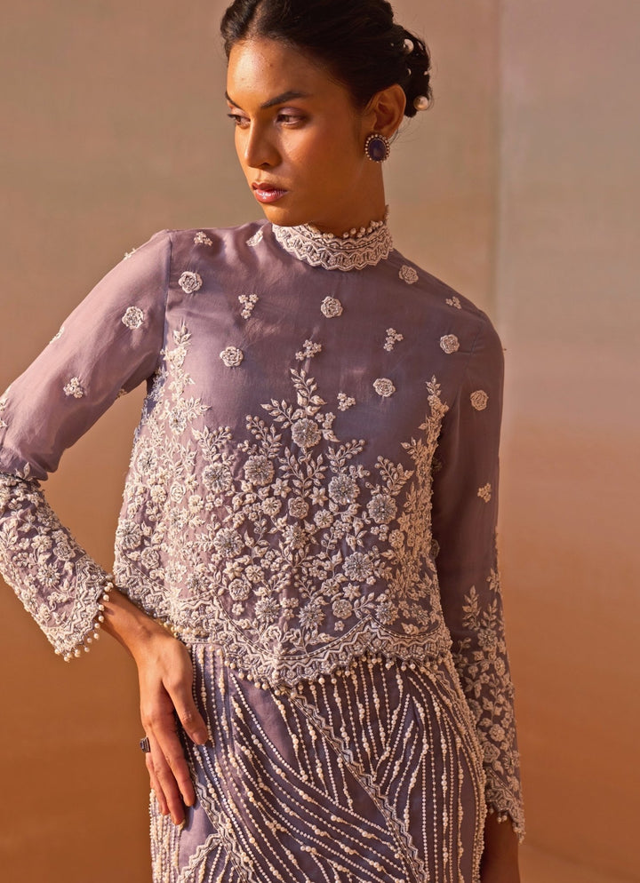 Nitika Gujral Muted Lilac Organza Slit Skirt SetFabilicious Fashion