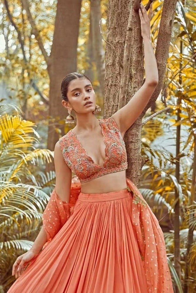 Muted Orange Embroidered Lehenga Anisha Shetty - Fabilicious Fashion