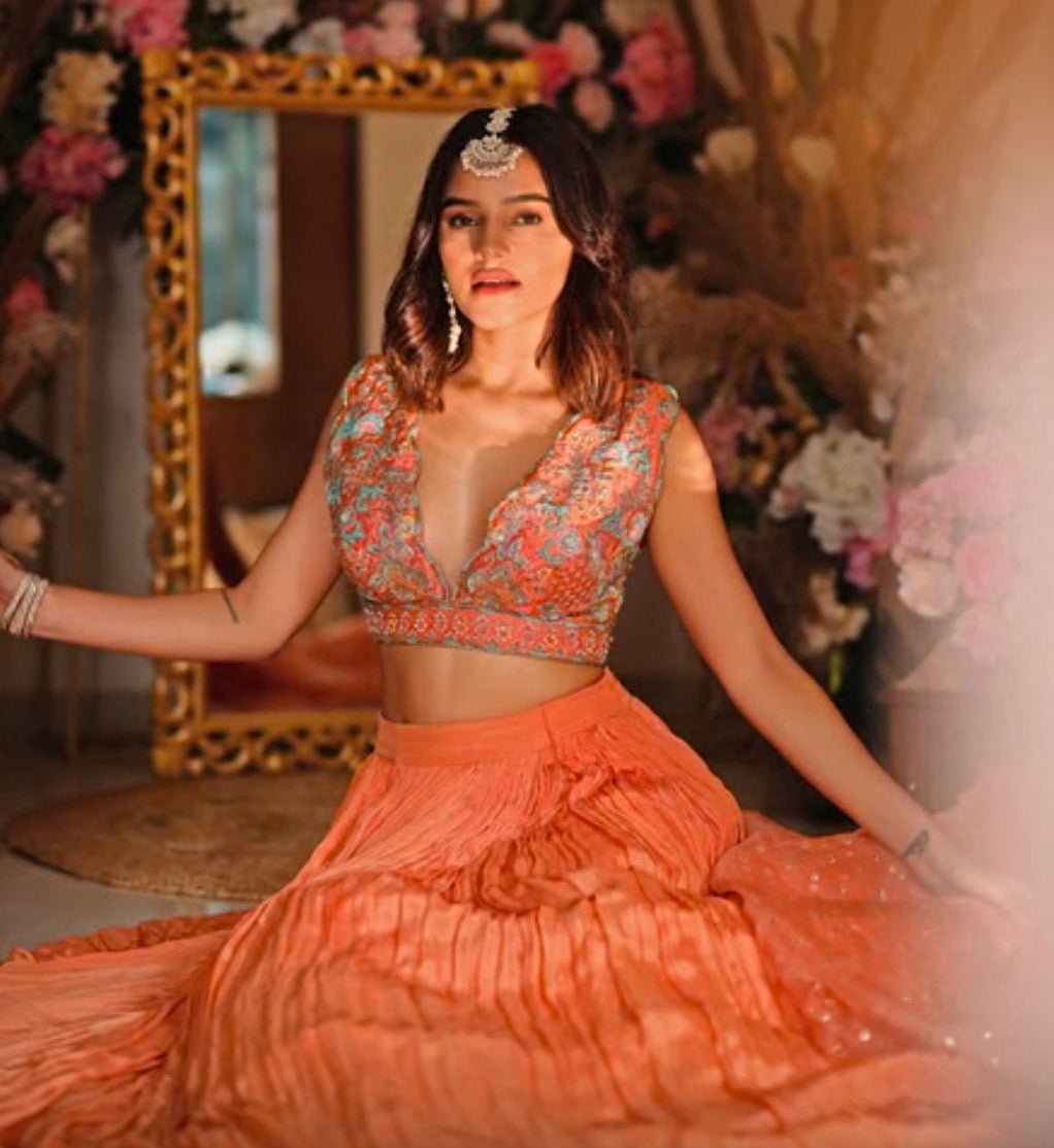 Muted Orange Embroidered Lehenga Anisha Shetty - Fabilicious Fashion