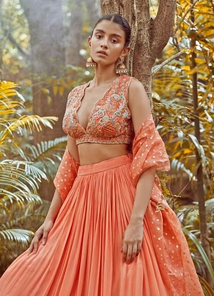 Muted Orange Embroidered Lehenga Anisha Shetty - Fabilicious Fashion
