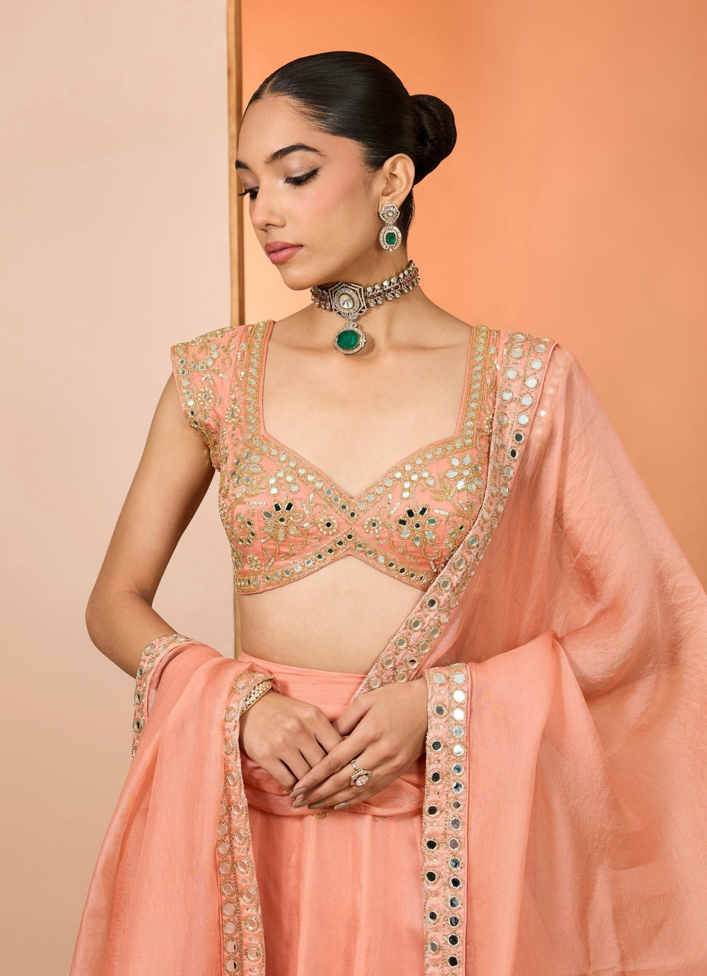 Muted Orange Satin Organza Lehenga Set Neha Khullar - Fabilicious Fashion