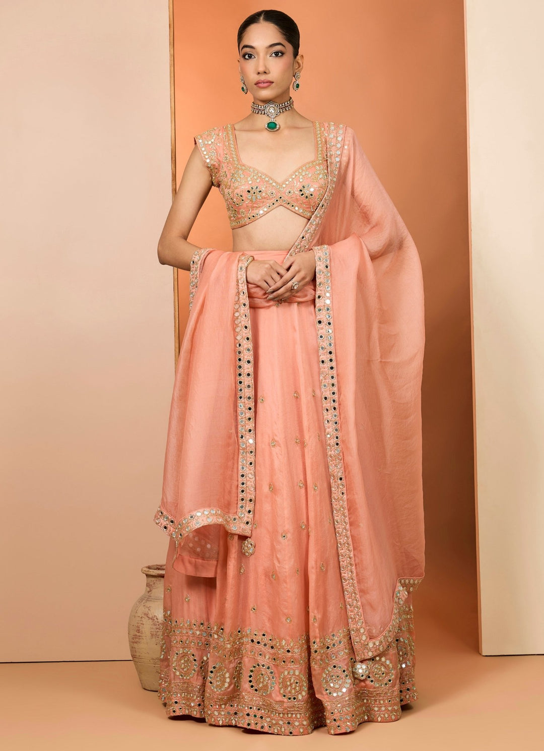 Muted Orange Satin Organza Lehenga Set Neha Khullar - Fabilicious Fashion