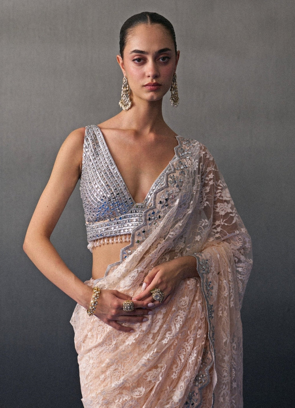 Muted Peach Embroidered Lace Saree Angad Singh - Fabilicious Fashion