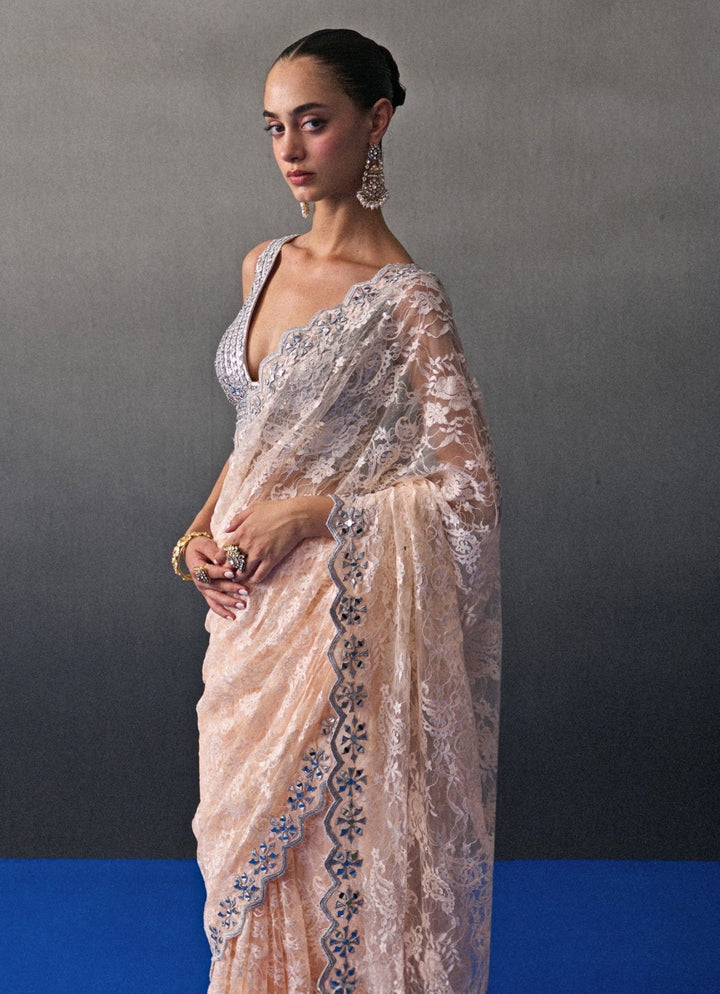Muted Peach Embroidered Lace Saree Angad Singh - Fabilicious Fashion
