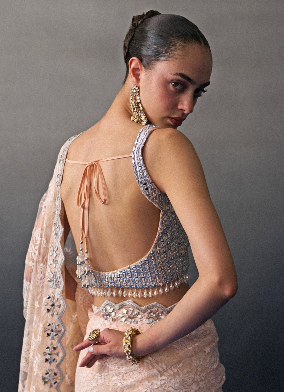 Muted Peach Embroidered Lace Saree Angad Singh - Fabilicious Fashion