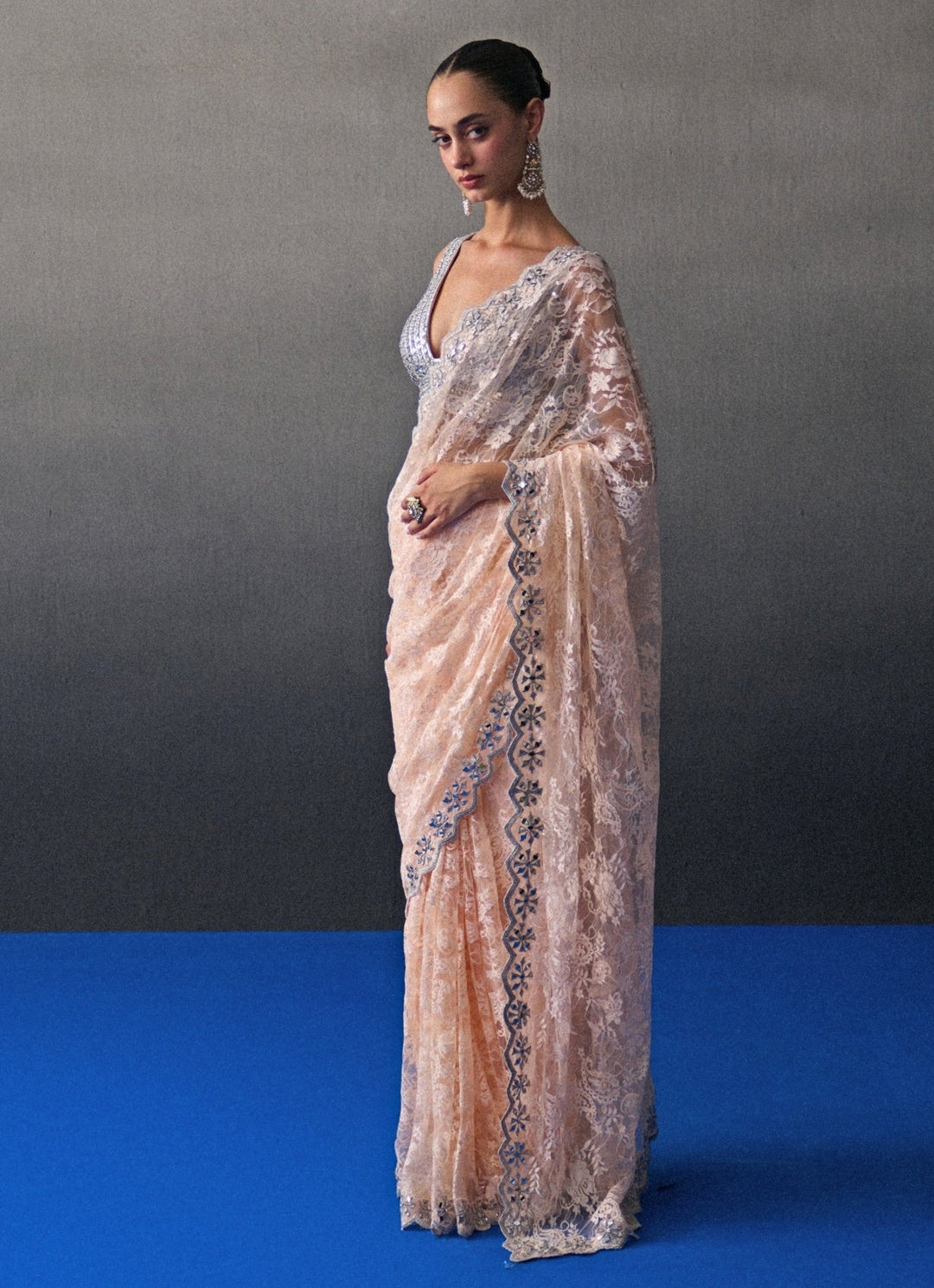Muted Peach Embroidered Lace Saree Angad Singh - Fabilicious Fashion