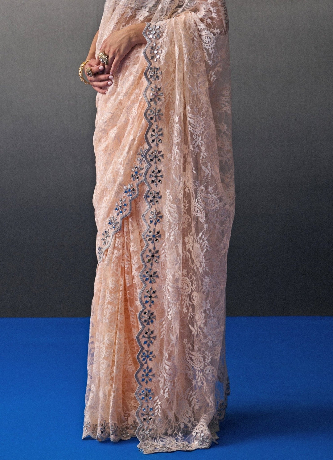 Muted Peach Embroidered Lace Saree Angad Singh - Fabilicious Fashion