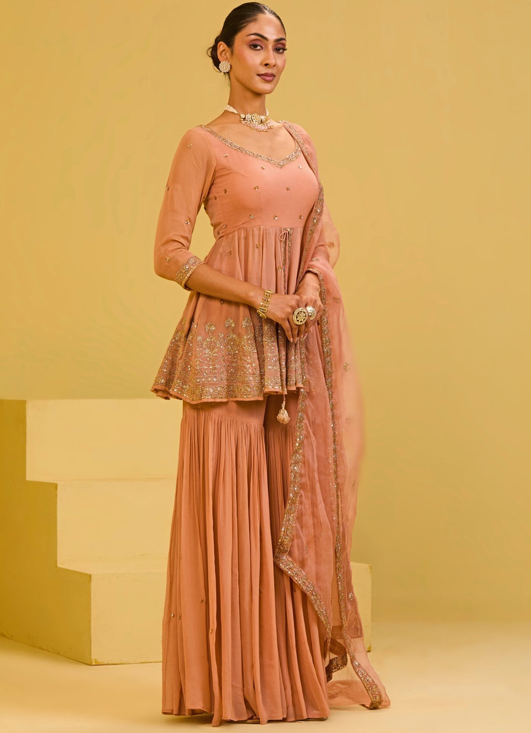 Esha Koul Muted Peach Georgette Peplum Kurta Sharara SetFabilicious Fashion