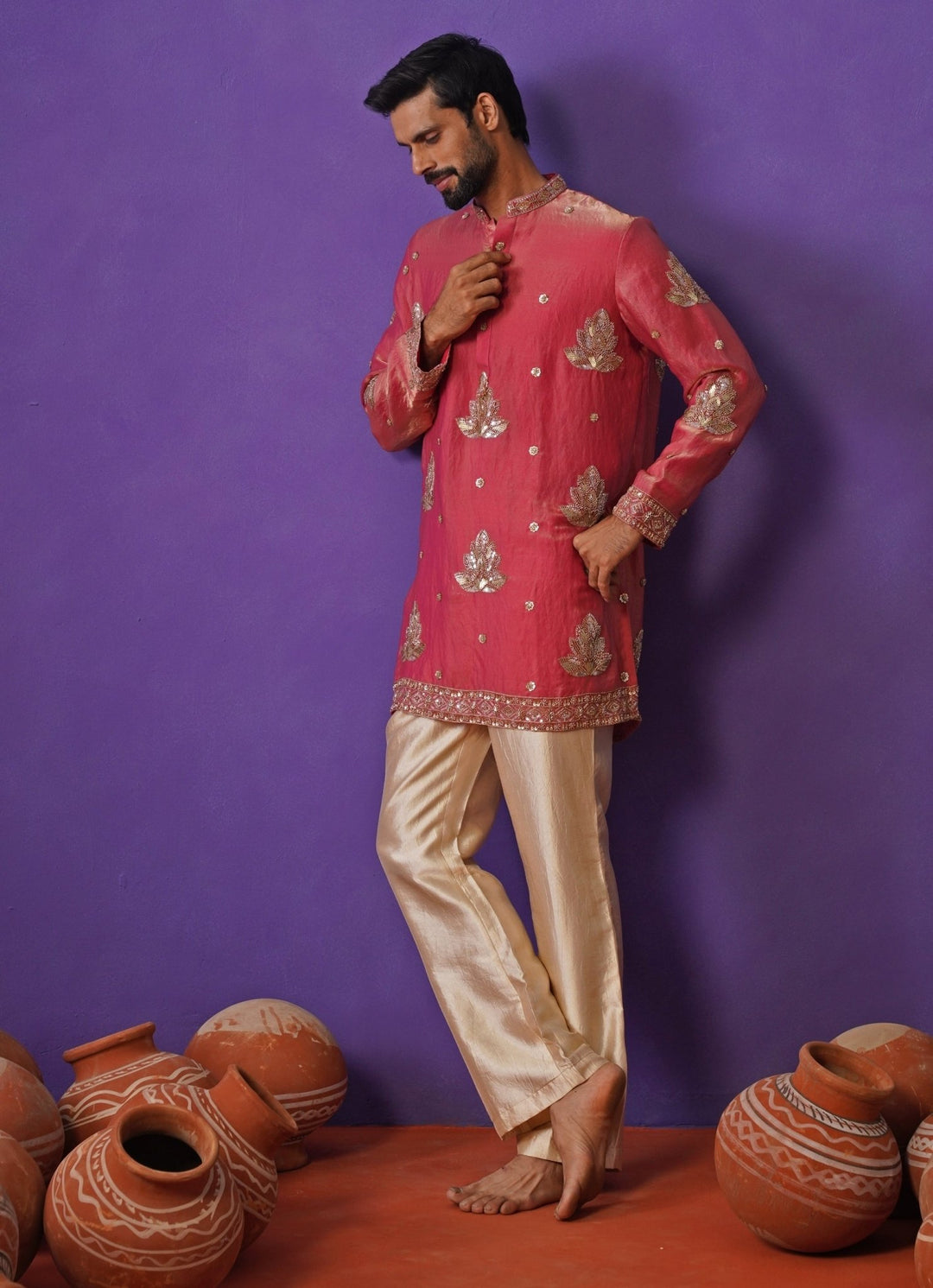Kalpraag Muted Pink Tissue Silk Short Kurta SetFabilicious Fashion