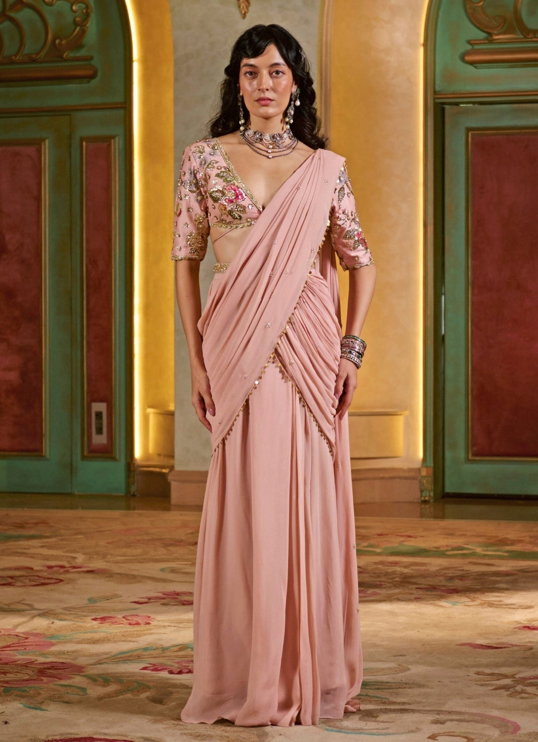 Paulmi and Harsh Muted Rose Pink Georgette Pre - Draped SareeFabilicious Fashion