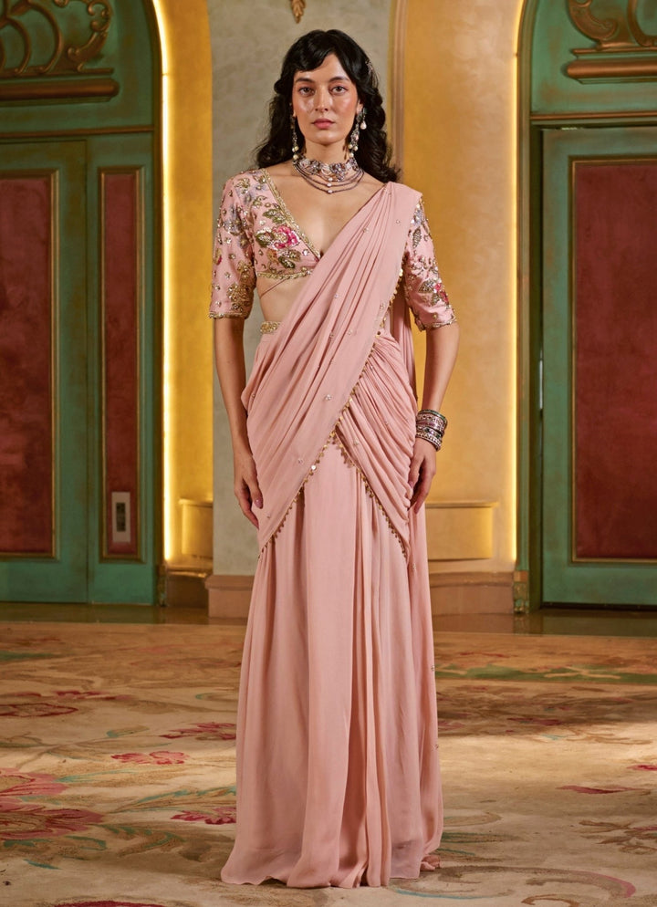 Paulmi and Harsh Muted Rose Pink Georgette Pre - Draped SareeFabilicious Fashion