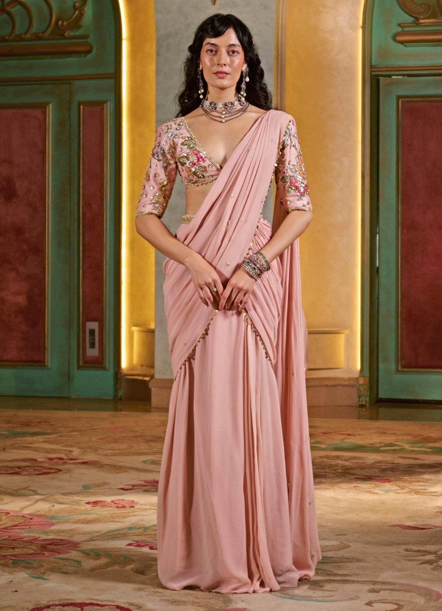 Muted rose pink georgette pre draped saree for pear shaped body