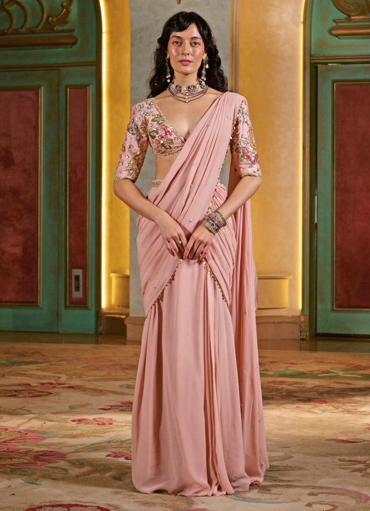 Paulmi and Harsh Muted Rose Pink Georgette Pre - Draped SareeFabilicious Fashion