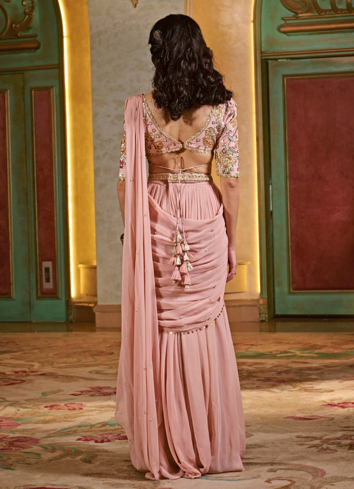 Paulmi and Harsh Muted Rose Pink Georgette Pre - Draped SareeFabilicious Fashion