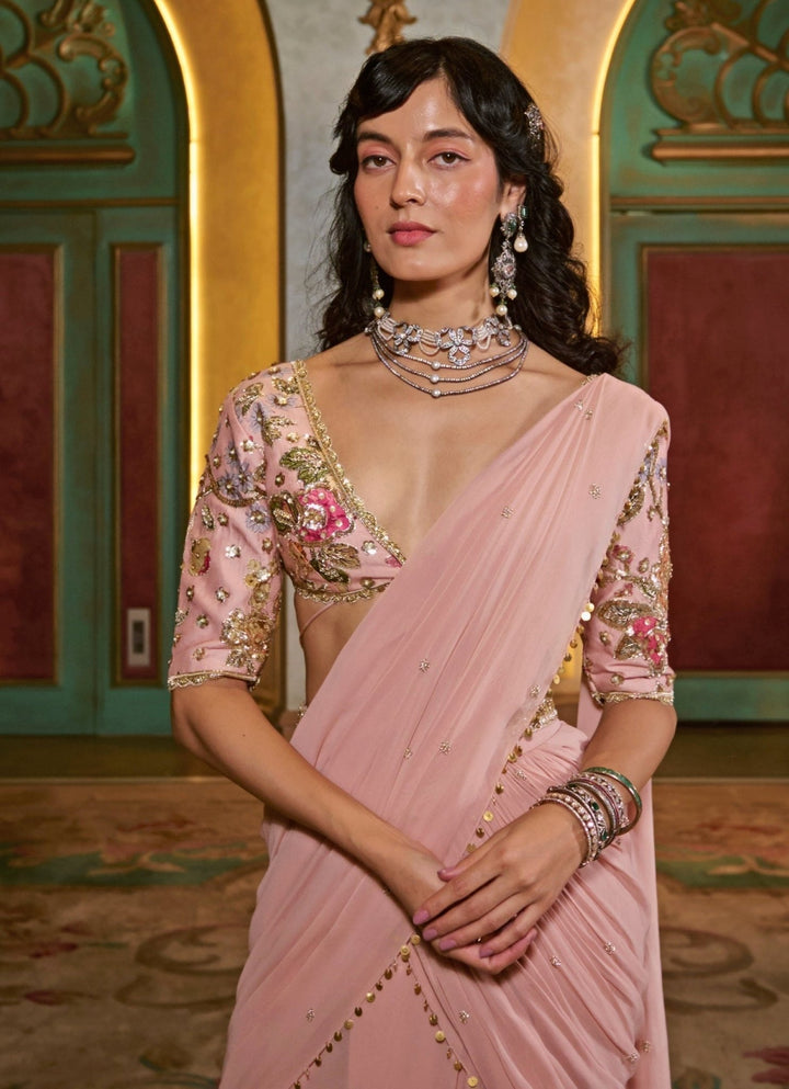 Paulmi and Harsh Muted Rose Pink Georgette Pre - Draped SareeFabilicious Fashion