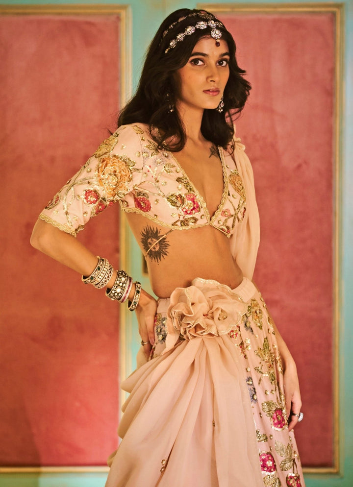 Muted Rose Pink Multicolour Floral Silk Lehenga Paulmi and Harsh - Fabilicious Fashion