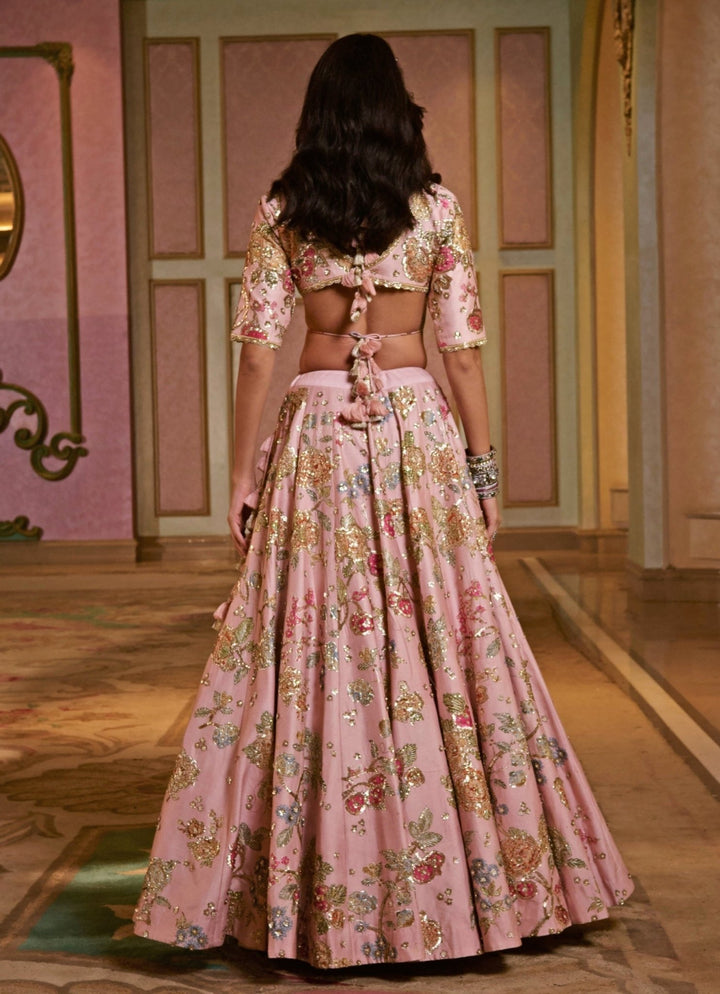 Muted Rose Pink Multicolour Floral Silk Lehenga Paulmi and Harsh - Fabilicious Fashion