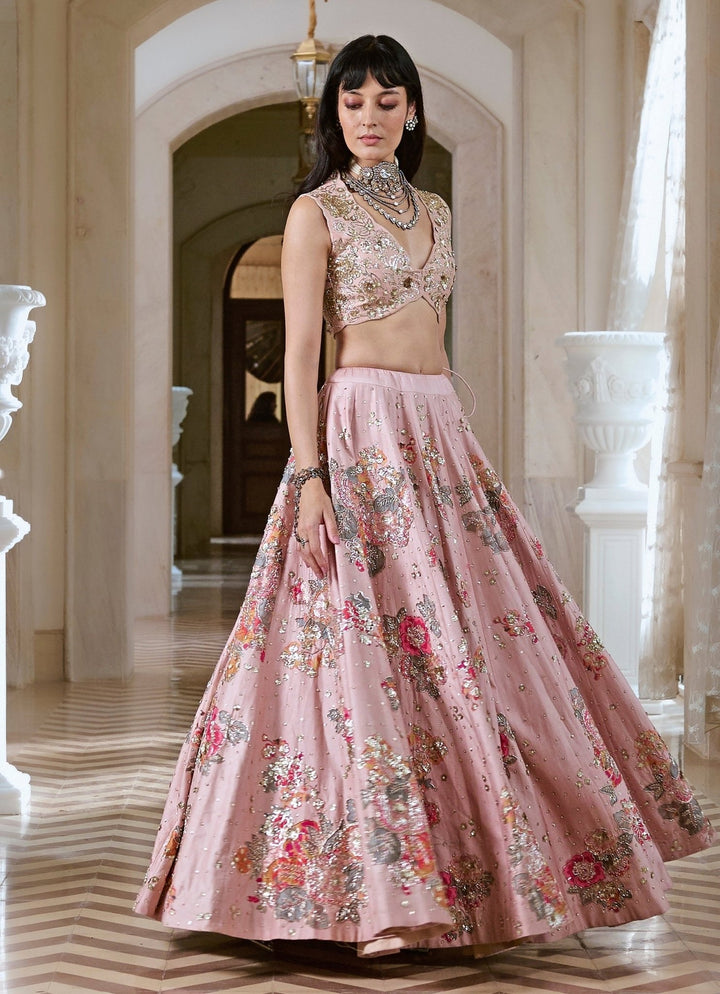 Muted Rose Pink Silk Lehenga Set Paulmi and Harsh - Fabilicious Fashion
