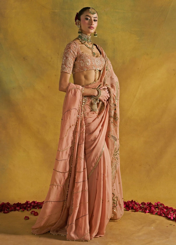 Rishi and Vibhuti Muted Rust Embroidered Organza SareeFabilicious Fashion
