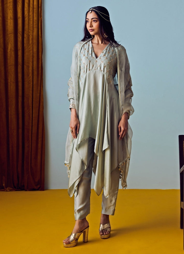 Muted Sage Green Satin Silk Asymmetric Kurta Pants Set Prahnaaya - Fabilicious Fashion