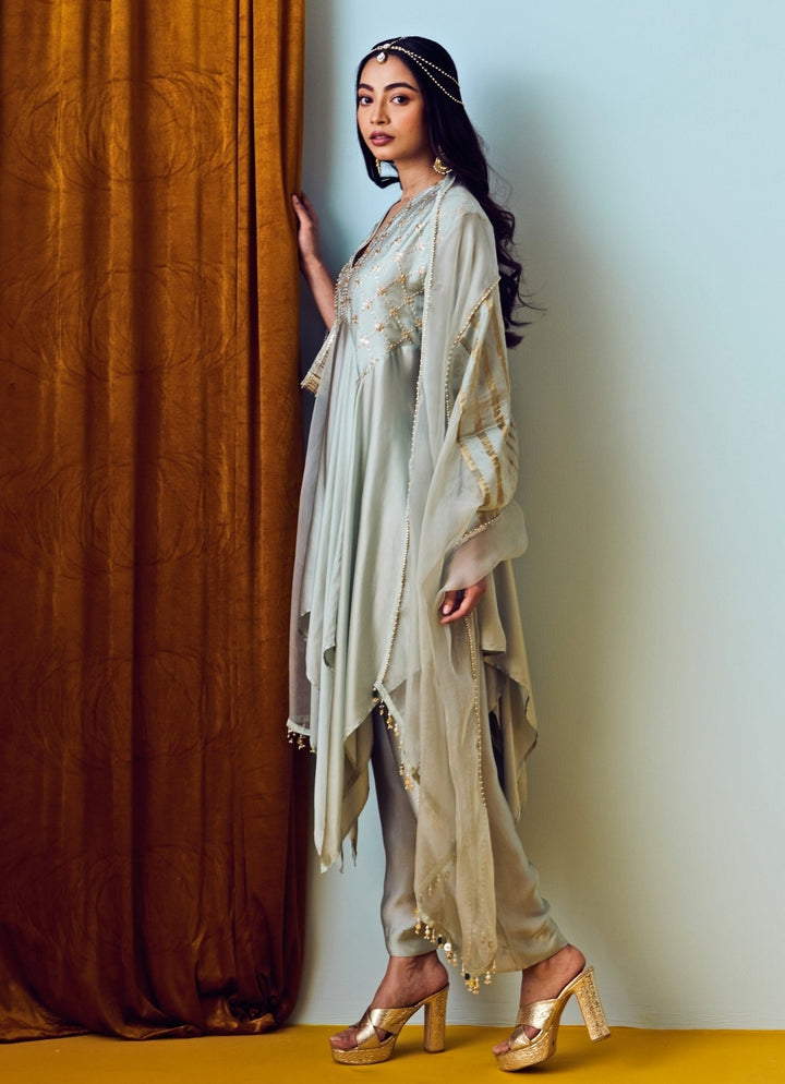 Muted Sage Green Satin Silk Asymmetric Kurta Pants Set Prahnaaya - Fabilicious Fashion