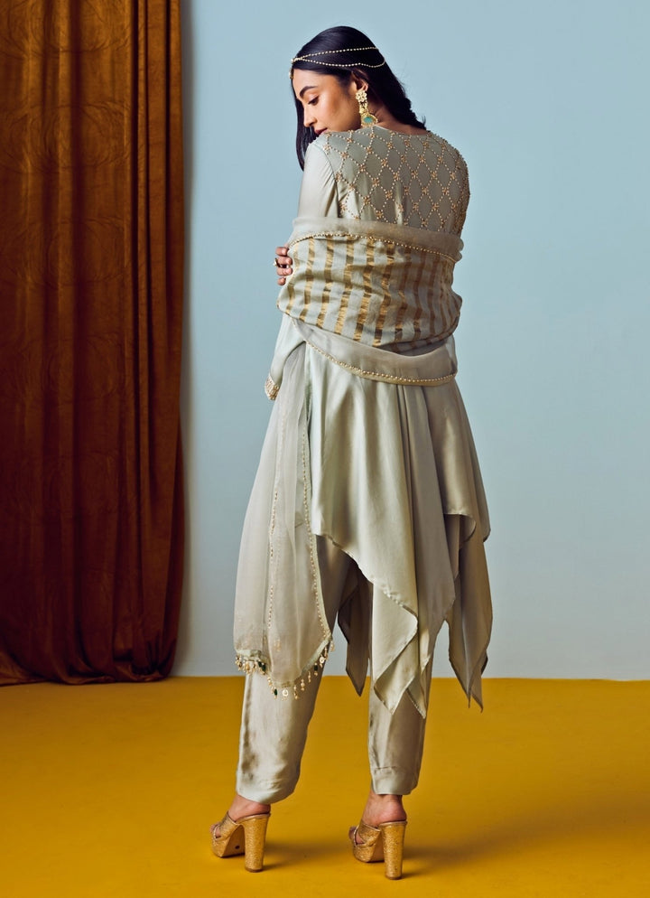 Muted Sage Green Satin Silk Asymmetric Kurta Pants Set Prahnaaya - Fabilicious Fashion