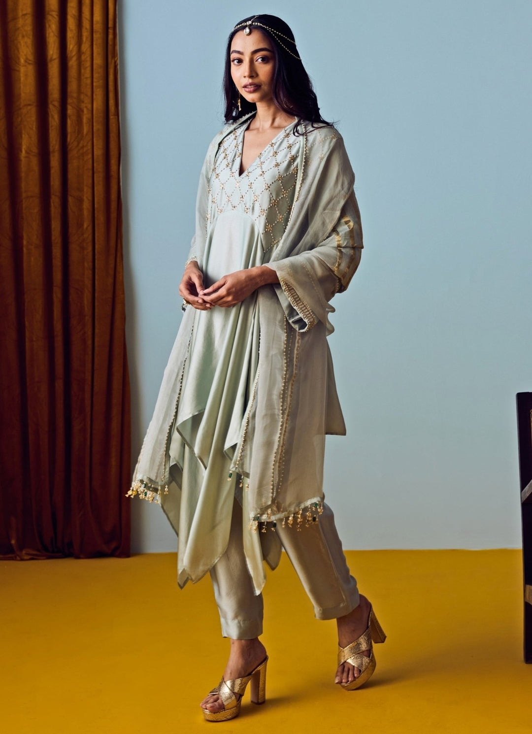 Muted Sage Green Satin Silk Asymmetric Kurta Pants Set Prahnaaya - Fabilicious Fashion