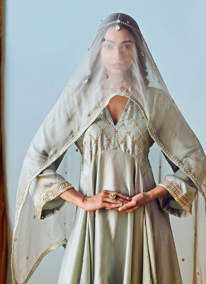 Muted Sage Green Satin Silk Asymmetric Kurta Pants Set Prahnaaya - Fabilicious Fashion