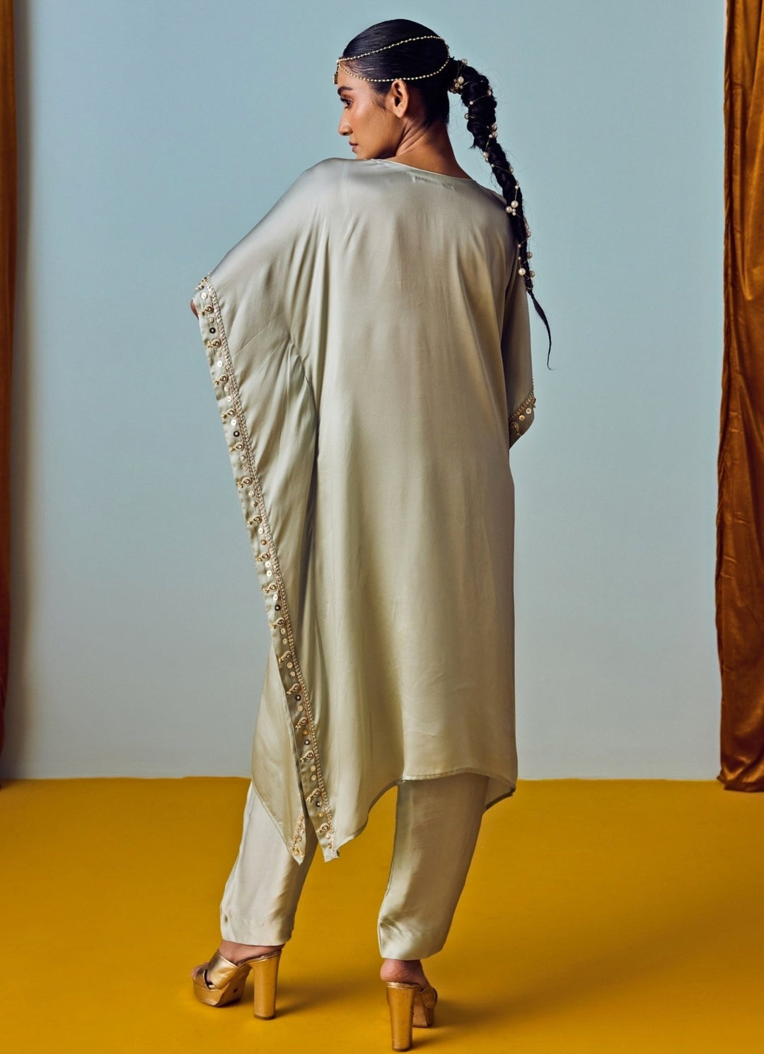 Muted Sage Green Satin Silk Kaftan Pants Set Prahnaaya - Fabilicious Fashion