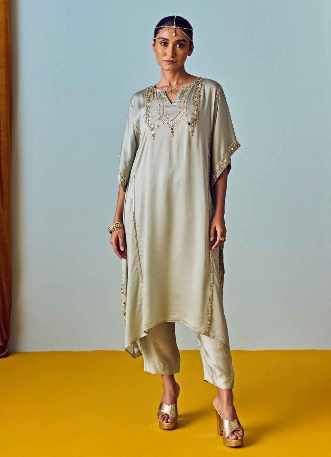 Muted Sage Green Satin Silk Kaftan Pants Set Prahnaaya - Fabilicious Fashion