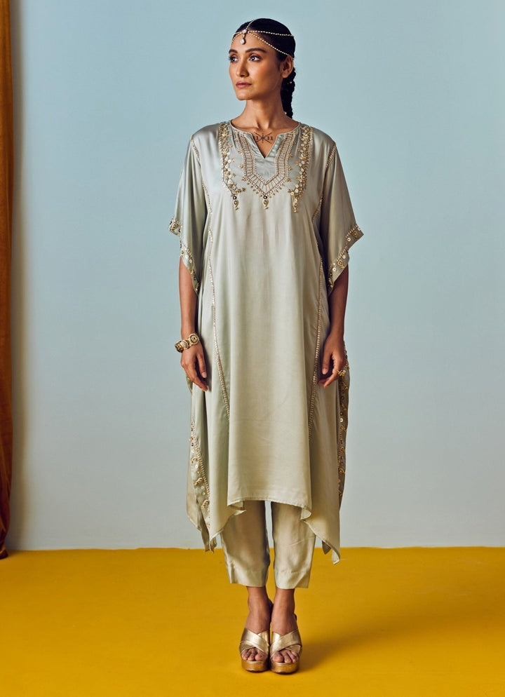 Muted Sage Green Satin Silk Kaftan Pants Set Prahnaaya - Fabilicious Fashion