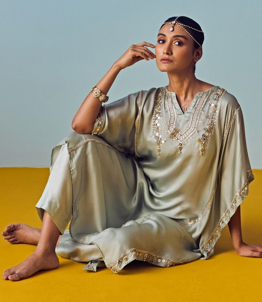 Muted Sage Green Satin Silk Kaftan Pants Set Prahnaaya - Fabilicious Fashion