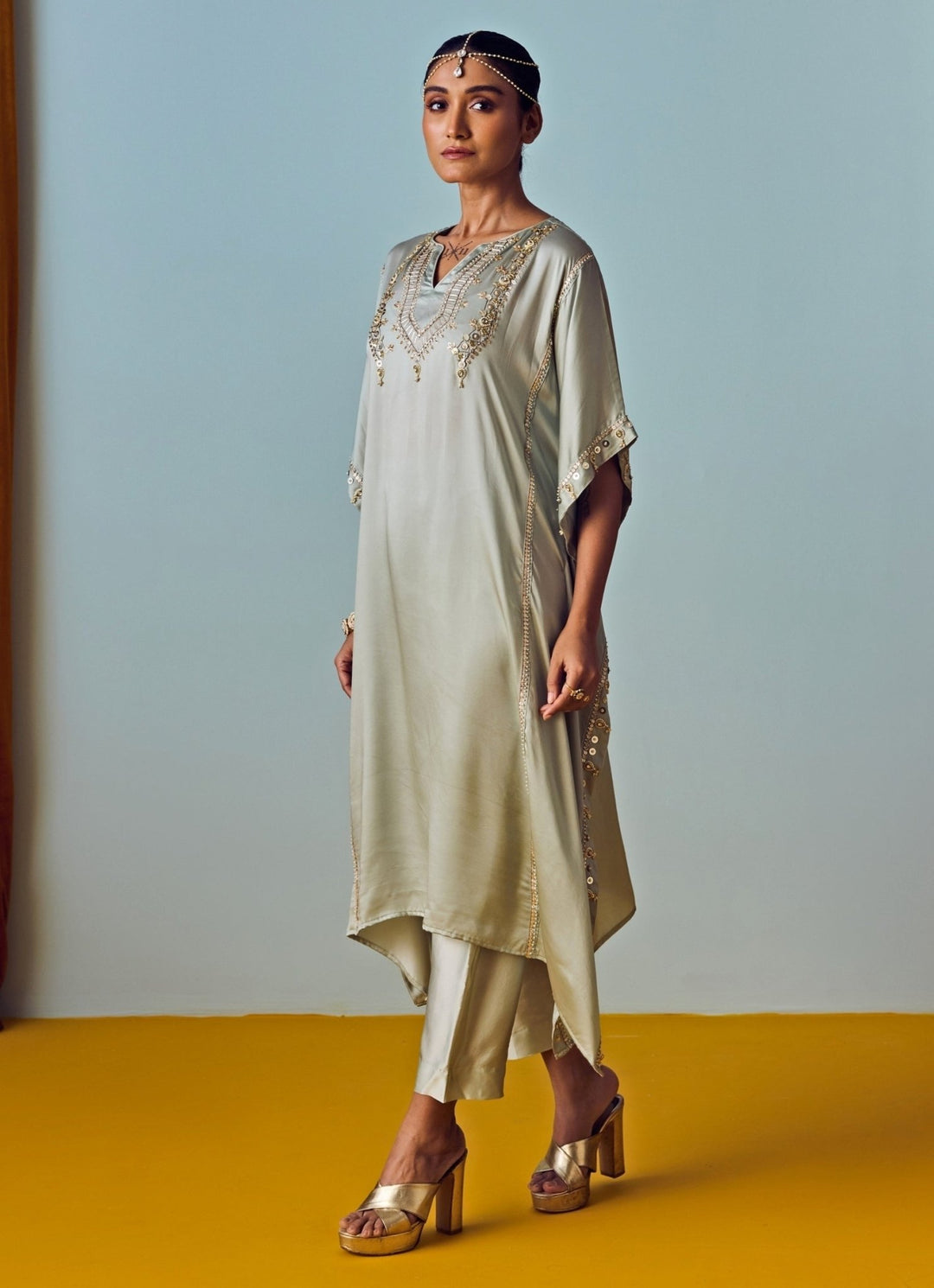 Muted Sage Green Satin Silk Kaftan Pants Set Prahnaaya - Fabilicious Fashion