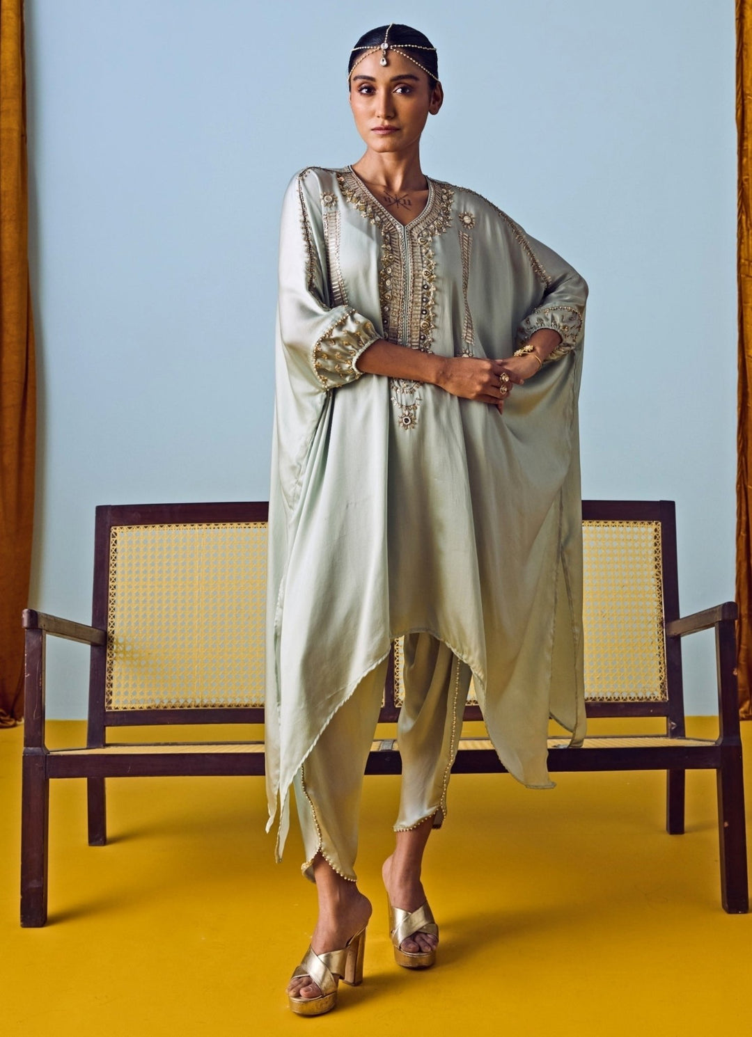 Muted Sage Green Satin Silk Kaftan Set Prahnaaya - Fabilicious Fashion