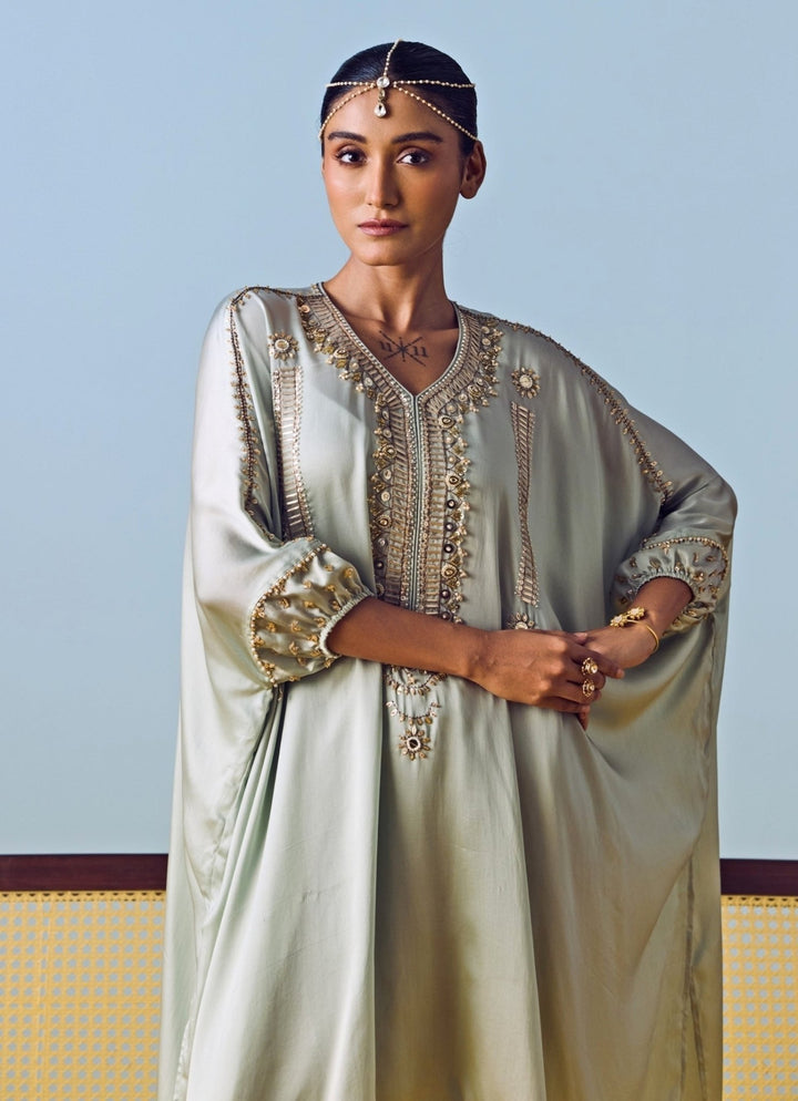 Muted Sage Green Satin Silk Kaftan Set Prahnaaya - Fabilicious Fashion
