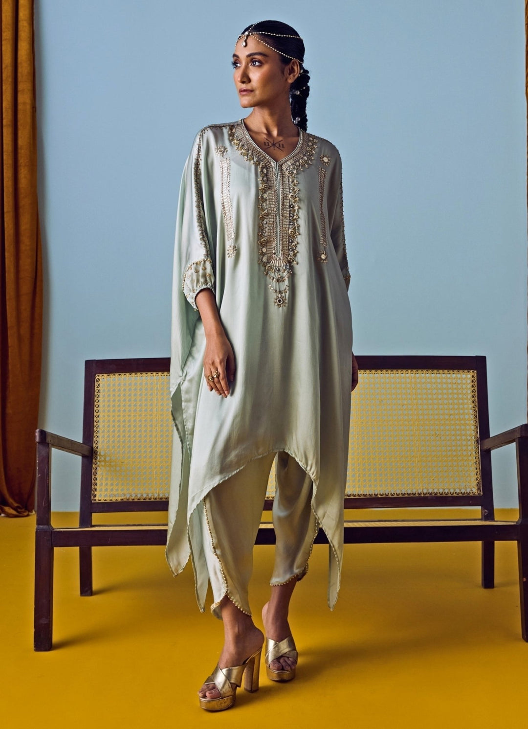 Muted Sage Green Satin Silk Kaftan Set Prahnaaya - Fabilicious Fashion