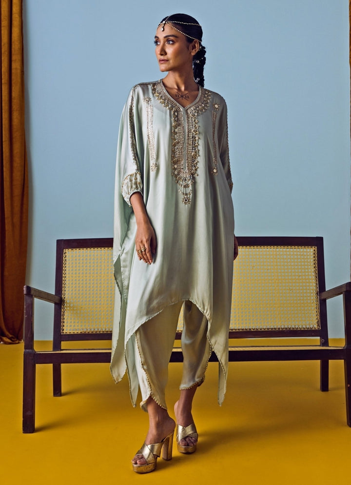 Muted Sage Green Satin Silk Kaftan Set Prahnaaya - Fabilicious Fashion