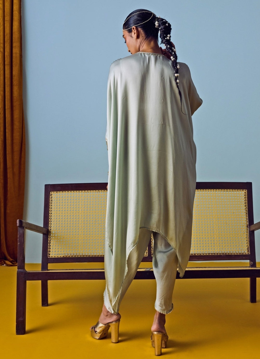 Muted Sage Green Satin Silk Kaftan Set Prahnaaya - Fabilicious Fashion